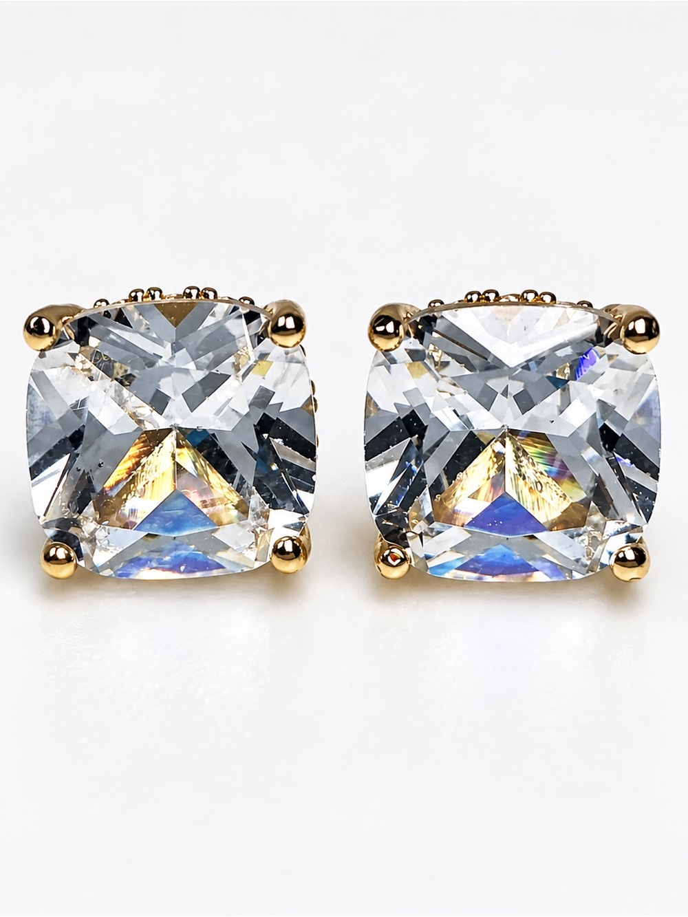 Cushion Cut CZ Diamond Stud Earrings Square Gold Tone Minimalist